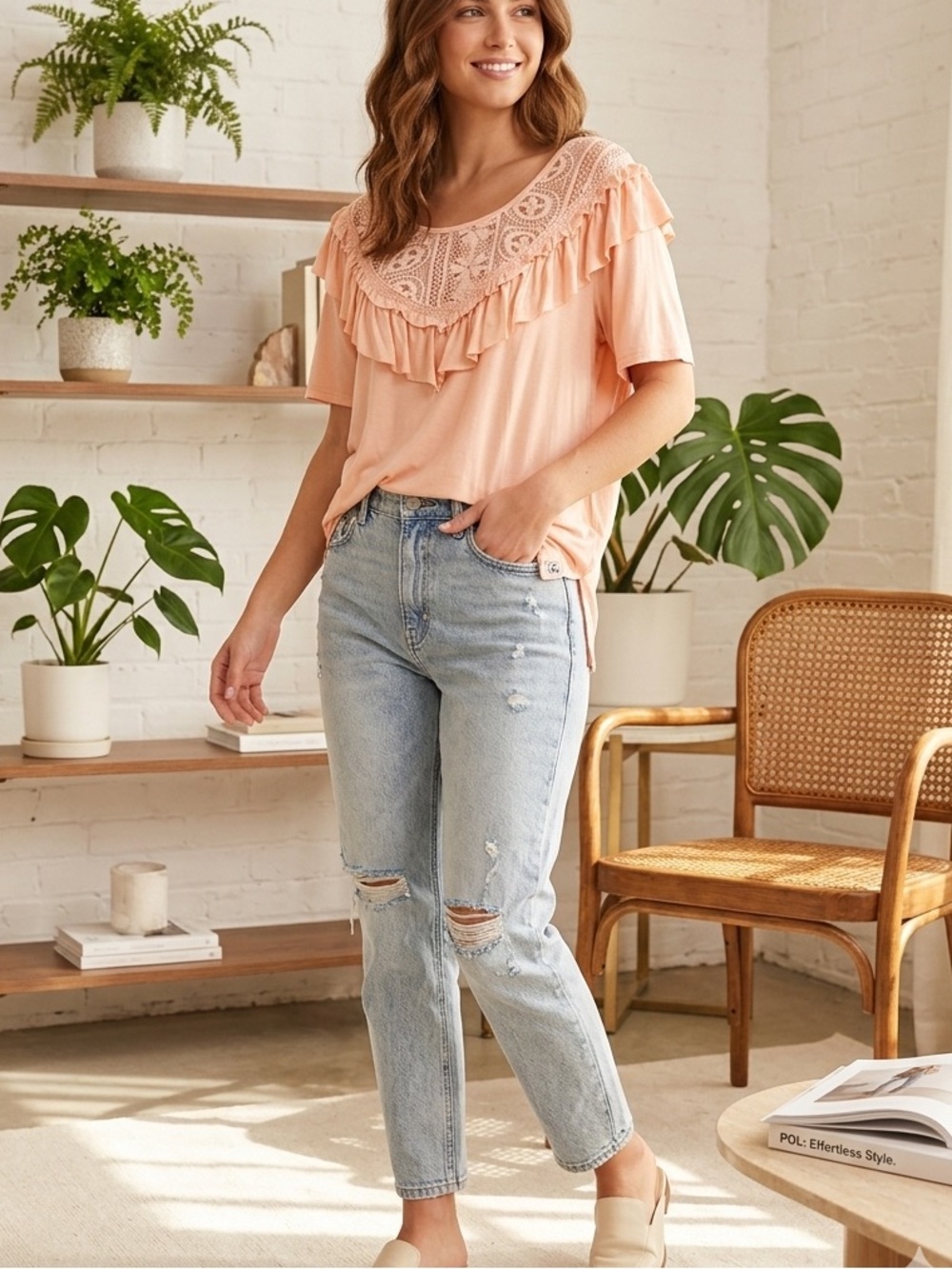 POL | Boho Crochet Lace Ruffle Detail Top - Cottage Feminine Romantic - NWT